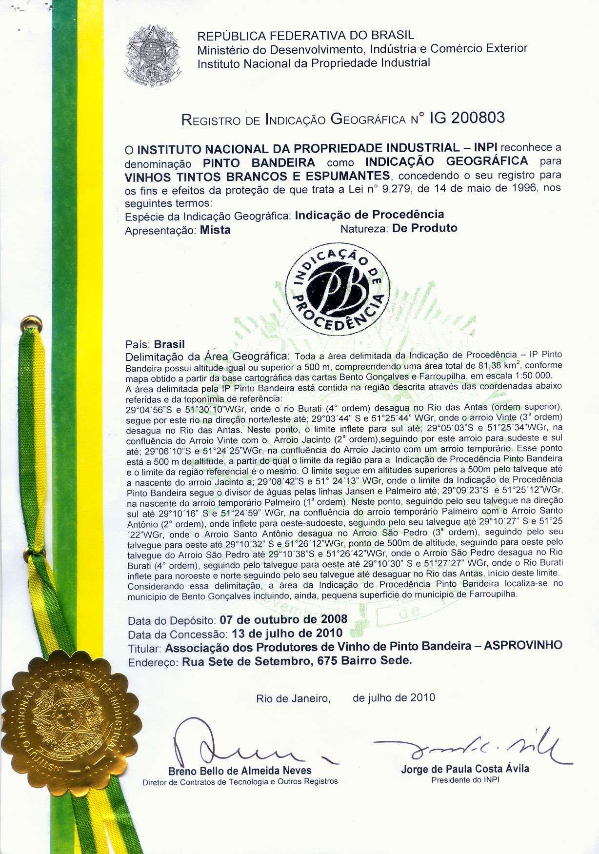 Certificado do registro da IP Pinto Bandeira no INPI