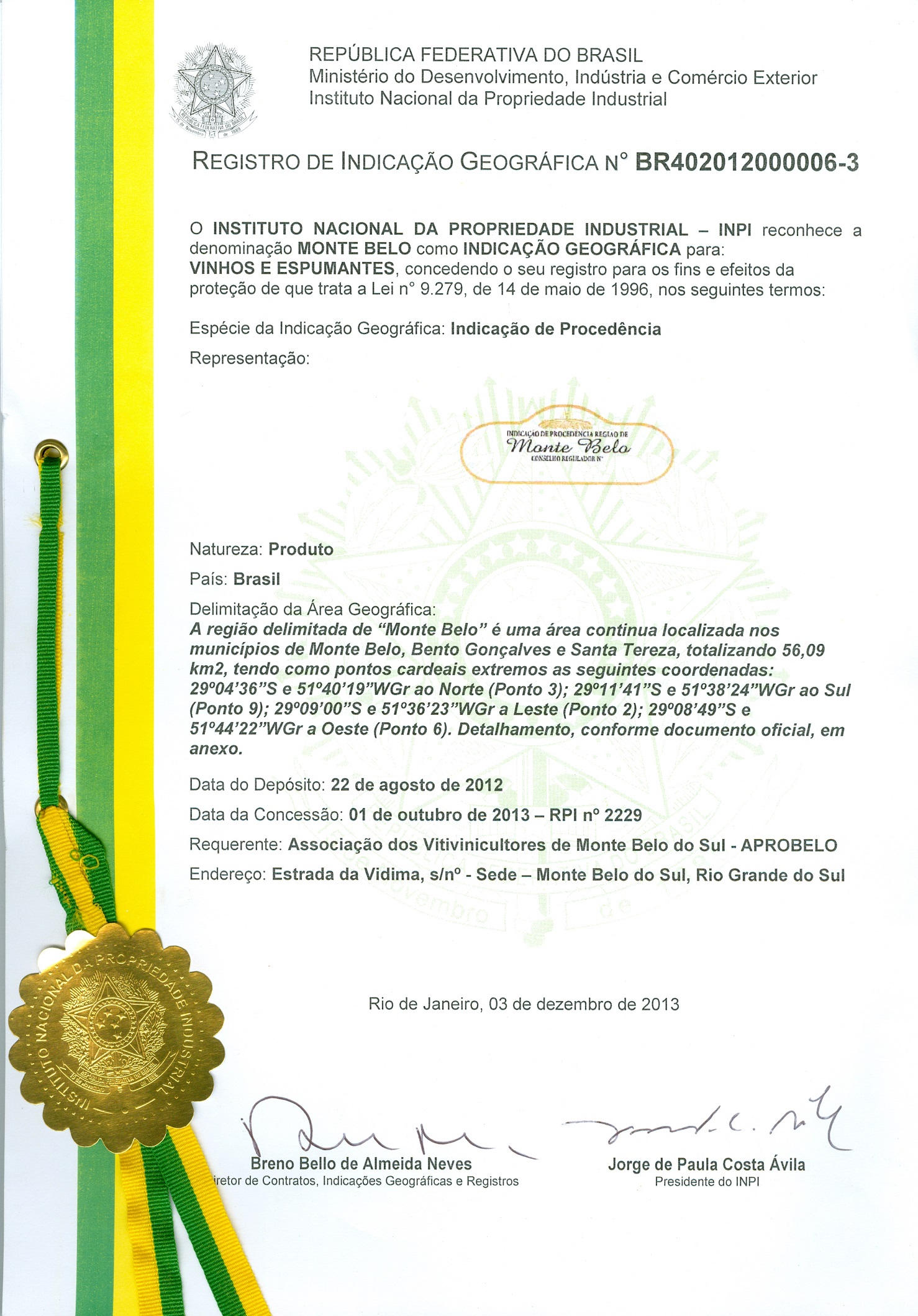 Certificado do registro da IP Monte Belo no INPI