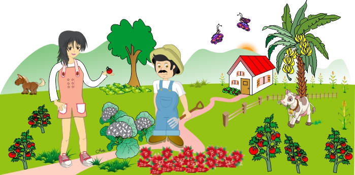 Cenário para o tema Agroecologia: Amai com o agricultor José numa fazenda com animais e plantação de tomate